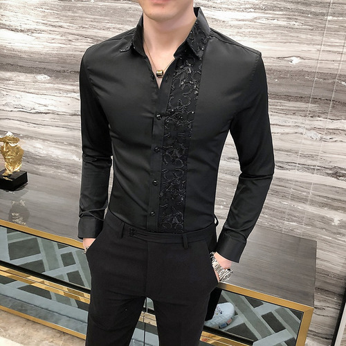 Camisa De Encaje Con Patchwork Para Hombre, Manga Larga, Cor
