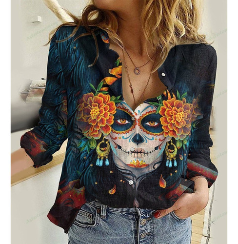 Cl Camisa Lino Algodón Día Los Muertos Camisa Calavera Mexic