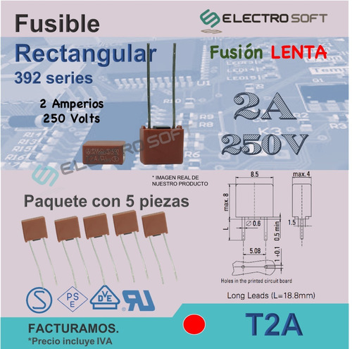 5pz Fusible Rectangular 2a 250v / T2a / 392 Tv / Tele