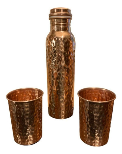 Set Botella + 2 Vasos Martillada Hecha En Cobre India 900 Ml