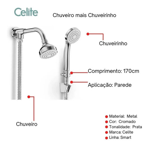 Imagem 3 de 6 de Ducha De Parede C/desviador E Ducha Manual Smart Celite