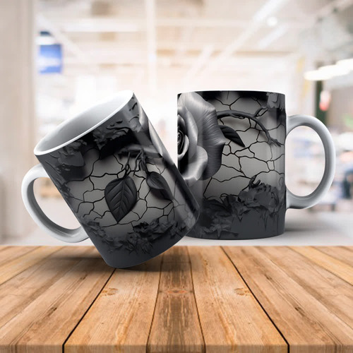 Diseños Plantillas Tazas Flores Negras Efecto 3d P2