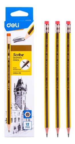 Lapices Grafito Deli Scribe 2b Hexagonal Con Goma X 12 Unid.