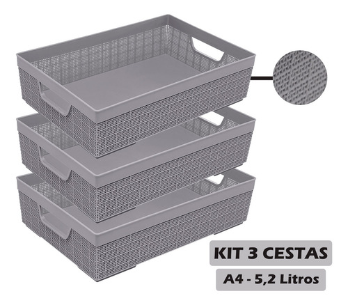 Kit 3 Cesta Organizadora A4 Multiuso 5,2l Reforçada Jaguar Cor Cinza