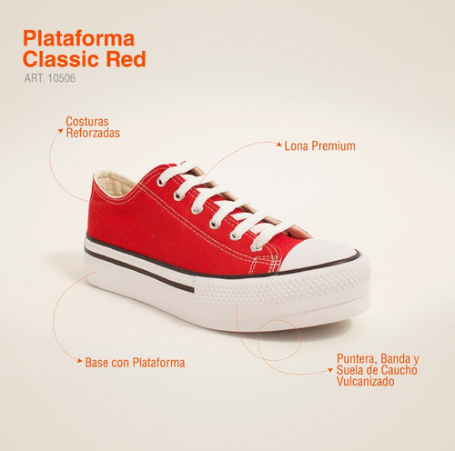 Imagen 5 de 10 de Zapatillas Urbanas Plataforma Lona Mujer Rojas Moda Dama