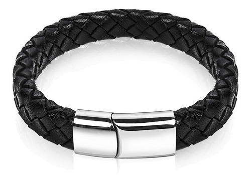 Pulseira Masculina Couro Trançado E Aço Com Fecho Magnético