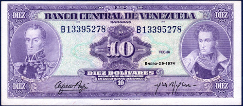 10 Bolívares B8 Enero 29 1974 Simón Bolívar Y A. J. De Sucre