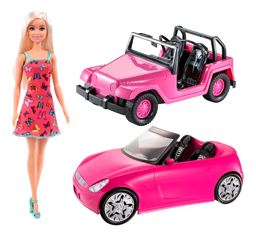 Combo Auto Con Jeep Y Muñeca Barbie Original Stickers Mattel
