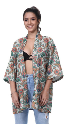 Kimono Haori Casaco Oriental Koi Paisley Japão Carpa Folhas