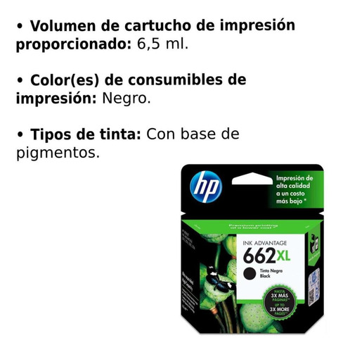 Imagen 2 de 5 de Cartucho De Tinta Hp 662xl Negra