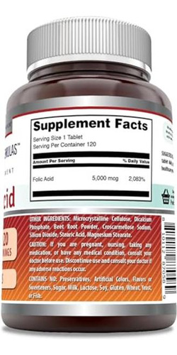 Amazing Formulas Ácido Fólico 5000 Mcg 120 Tabletas