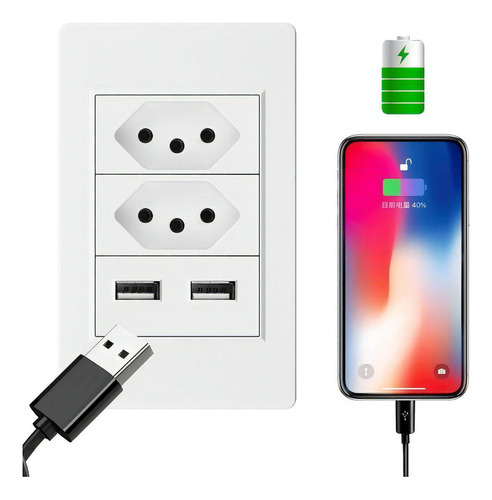 Tomada Usb De Parede Universal 5v 2.1a Bivolt Para Celular Cor Branco