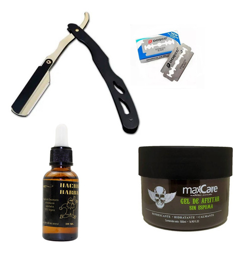 Kit Locion Crecimiento Barba, Gel Afeitar Y Navaja, Barberia