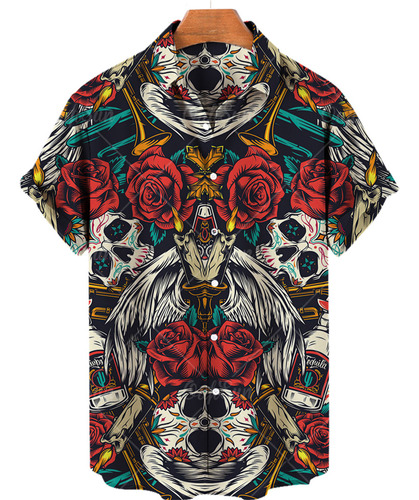 Camisa Floral Hawaiana Casual Skull Punk Para Hombre