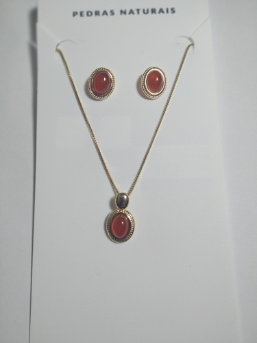 Conjunto Semi Joia Banho Ouro E Pedra Ágata Vermelha