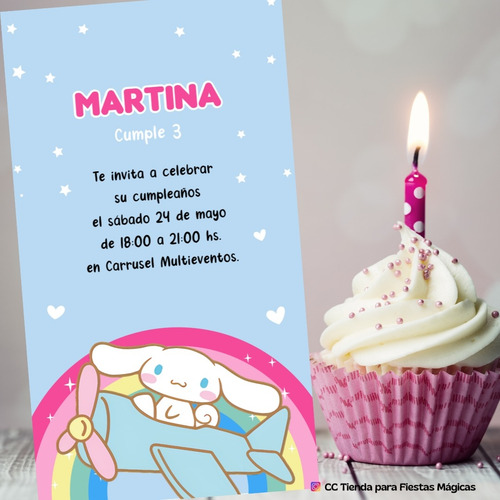 Invitación Digital Cumpleaños Cinnamoroll Kuromi Hello Kitty Azul Claro