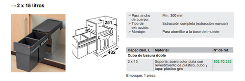 Cubo Cesto Residuos Cod. Hafele 502.70.252 Doble 2x15 Litros Color Gris