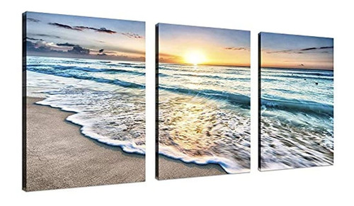 Triptico De Pared Con Pintura De Puesta De Sol En La Playa 