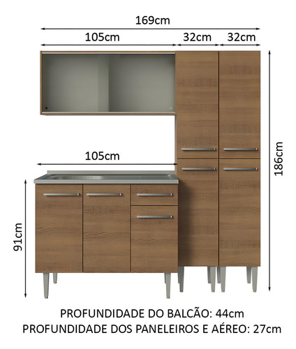 Armário De Cozinha Compacta 169cm Com Pia Emilly Madesa 11 R Cor Rustic