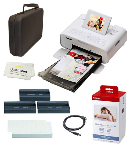 Canon Selphy Cp1300 Impresora Fotográfica Compacta Inalámbrica Con Impresión De Dispositivos Airprint Y Mopria, Con Papel Canon Kp108 Y Funda Rígida Negra Para Los Componentes, Blanco