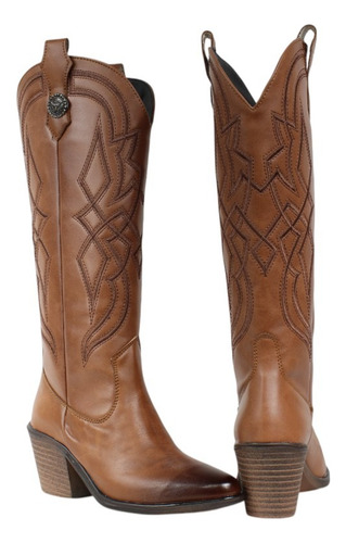 Bota Vaquera Alta Mujer Tacón Cómodo Cowboy Botines Bordado