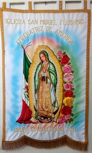 Estandarte Virgen De Guadalupe Con Bandera Y Rosas