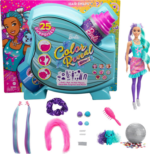 ¡brillo Revelador De Color De Barbie! Muñeca Hair Swaps, Col