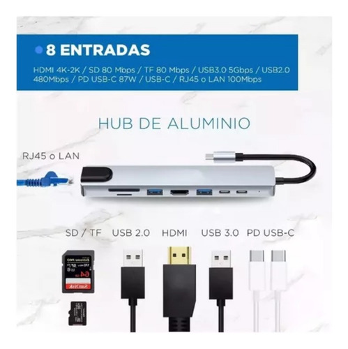 Hub 8 En 1 Usb C Usb 3.0 Hdmi 4k Pd Tf Sd Rj45 Lan 100mbps