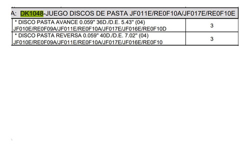 Discos Pasta Jf010e Jf011e Cvt Jf011 Transmisión Automática