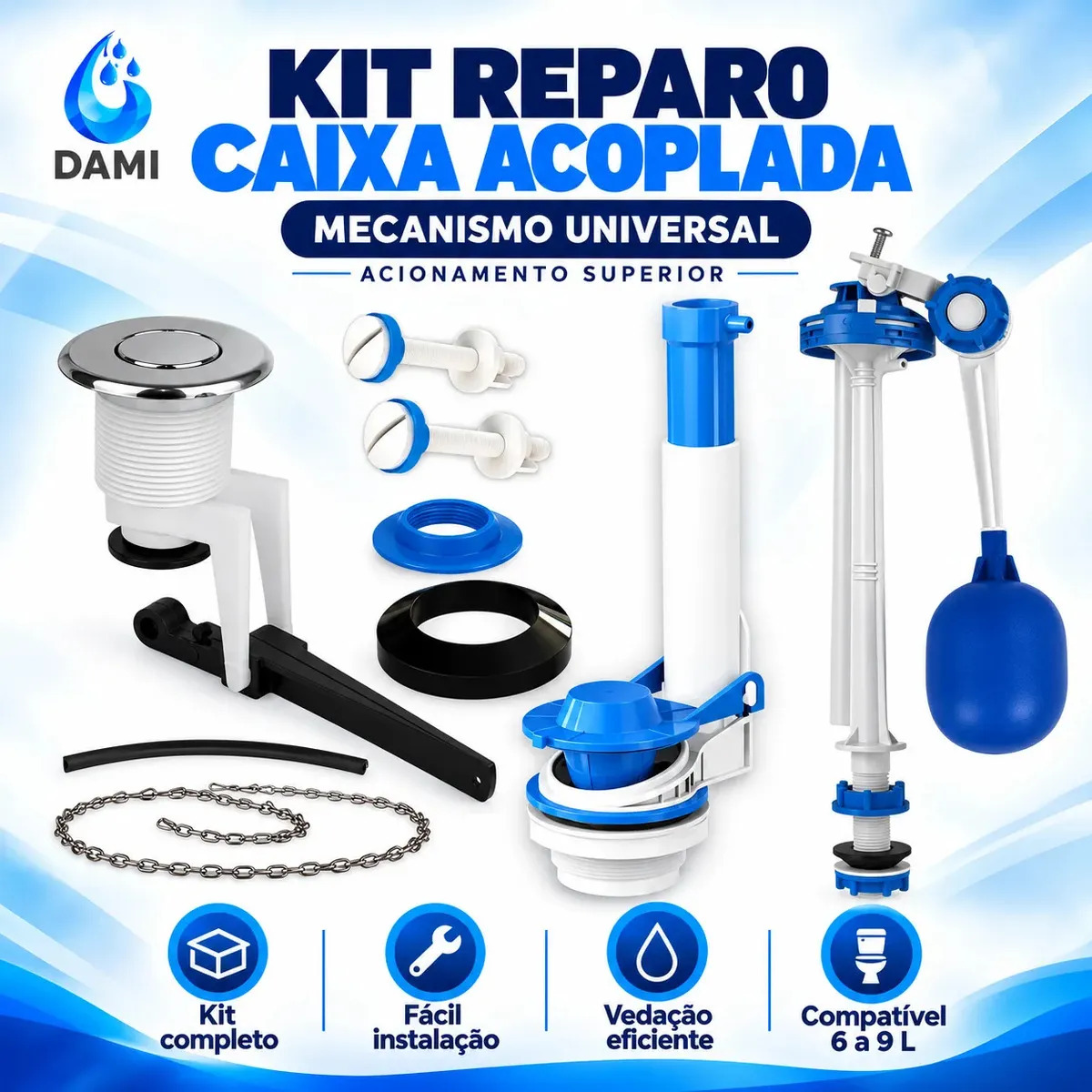 Kit Completo Caixa Acoplada Reparo Universal Dami Instalação Fácil, Compatível Com Diversas Marcas, Extra Forte E Durável