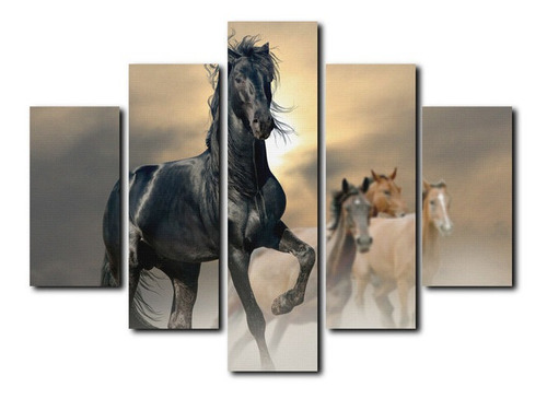 Cuadro Decorativo Canvas 5pz 220x120 Caballos En Campo