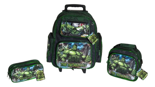 Kit de mochila escolar Hulk Smash, doble funda, lonchera térmica, color negro
