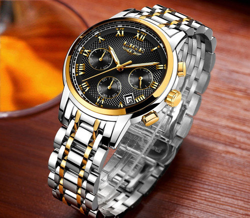 Relógio Analogico Dourado Aço Masculino De Luxo + Brinde