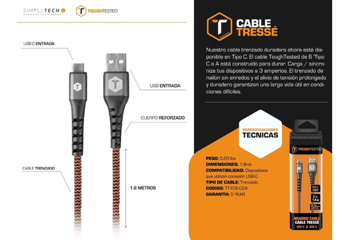 Imagen 2 de 3 de Cable Cargador Tipo C Carga Rapida 1.8m Toughtested