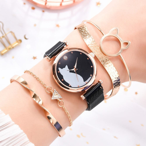 Imagen 2 de 3 de Reloj Dama Gato - Pulso Magnético + Pulseras + Estuche