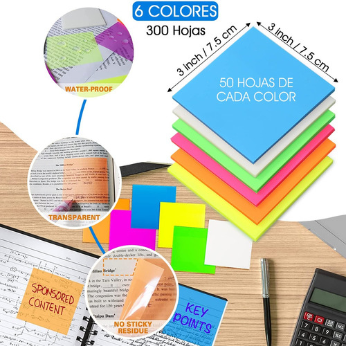250 Notas Adhesivas Post It Transparente En 5 Colores