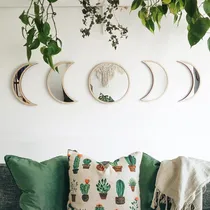 Comprar Nobrands Escandinavo Natural Decoración De Acrílico Moonphase Espejos Interiores Diseño Madera Fase Espejo Bohemio Decoración De Pared Para Habitación