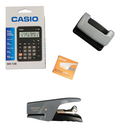 Combo Casio Abrochadora Perforadora Ganchos Grap Colores Gris Oscuro