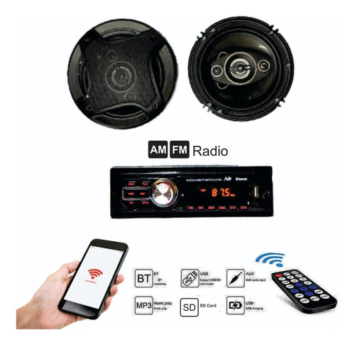 Radio Para Auto + Parlantes 6  Am/fm Bluetooth Control