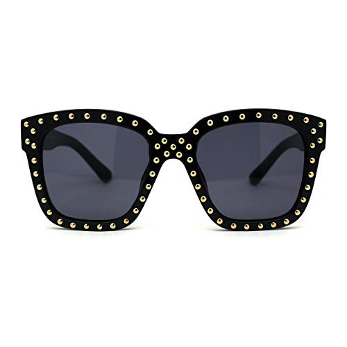 Gafas De Sol - Exclusivo Metal Oro Stud Goth Todo Negro Plás