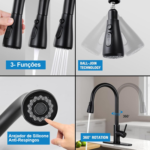 Torneira Flexível Para Cozinha Gourmet Preta Com Spray E Jato Misturador Quente E Frio Bica Giratória Alta Pressão Acabamento Fosco Design Profissional Moderna Bancada Via Flix