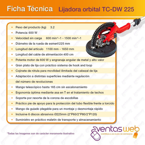 Imagen 5 de 6 de Lijadora Roto Orbital Telescopica 225mm Einhell Pared Techo Durlock + 6 Lijas