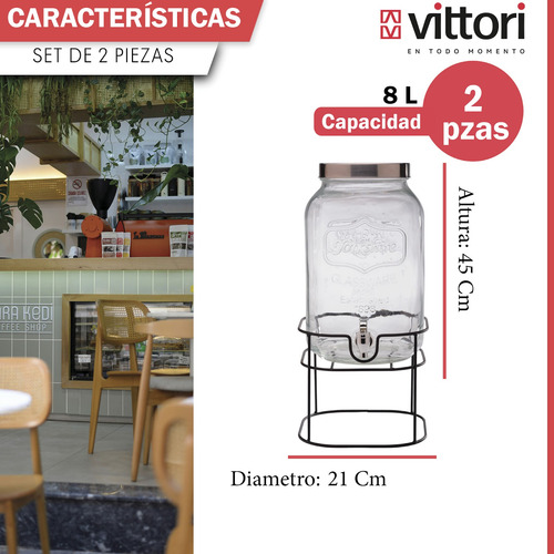 Set 2 Piezas Dispensador De Vidrio C/tapa Y Base 8 L