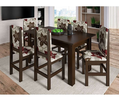 Conjunto De Mesa Com 6 Cadeiras Pioneiro Tabaco E Floral