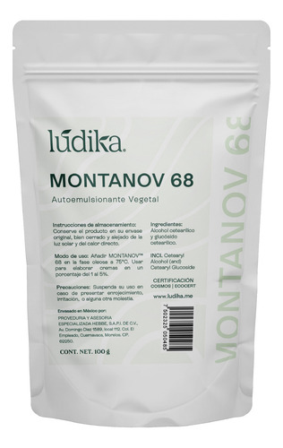 Montanov 68 Auto Emulsioante Natural soporta hasta un 40% de fase Oleosa formula protectores solares, cremas y maquillaje Todo Tipo de Piel Dia/Noche Ludika 100g