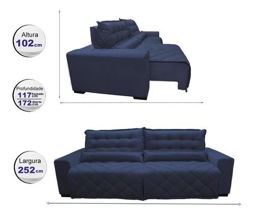 Sofá 2,52m Retrátil E Reclinável Cama Inbox Plus Azul