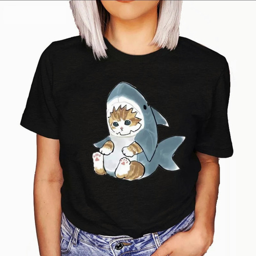 Camiseta De Moda Para Mujer Sudadera Gato Con Disfraz Tiburó