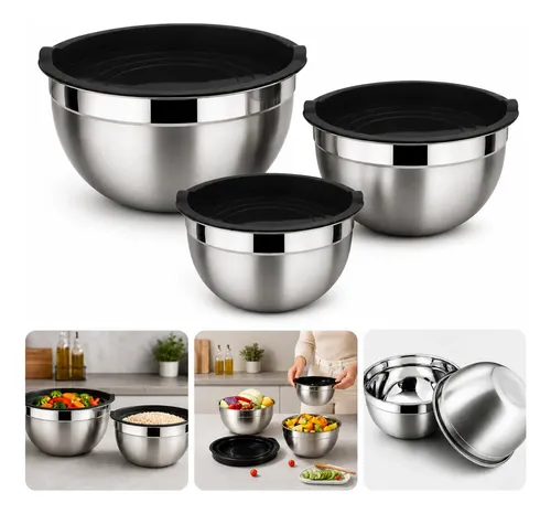 Kit 3 Bowls Inox  Com Tampa Hermética Conjunto Tigela Comida Inox