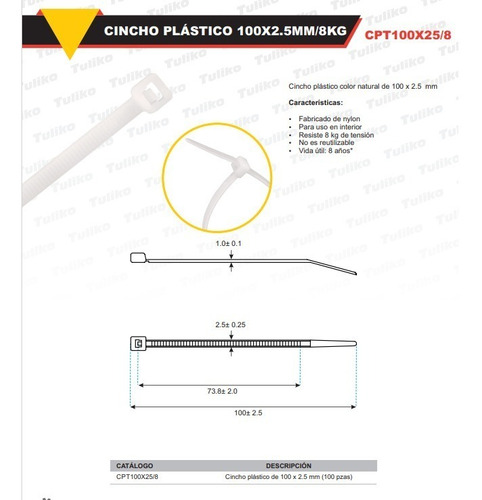 Imagen 4 de 5 de Cincho De Plastico Natural 100 X 2.5mm 8kg, (100 Pzas)
