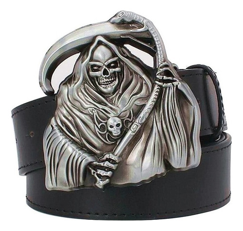 Cinto De Couro C/ Fivela Morte Ceifador Caveira Death Skull Cor Preto Tamanho 85